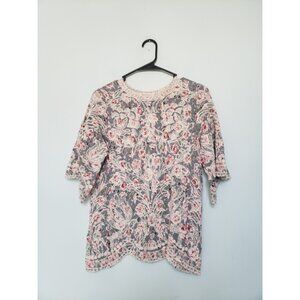 Solitaire Women M Blouse Short Sleeve Floral Embroidery Scalloped Hem Boho Rayon